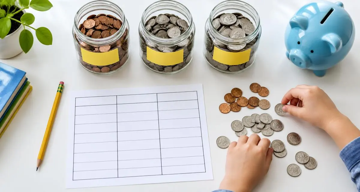 Child sorting coins beside three jars, a blank allowance chart and a blue piggy bank