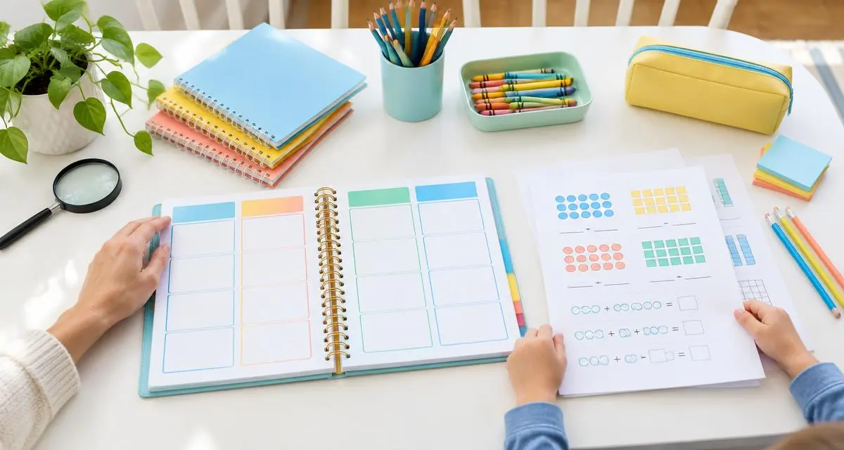 Adult and child arranging a weekly planner and math pages on a bright kitchen table