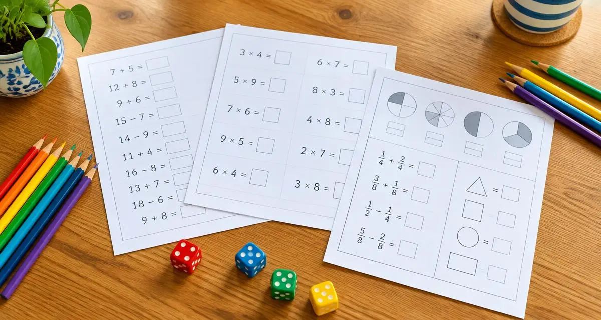 Printed multiplication and fraction worksheets with colored pencils and dice on a kitchen table