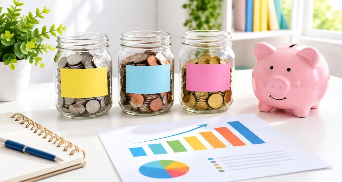 Three coin jars with yellow, blue and pink labels beside a piggy bank and a printed savings chart