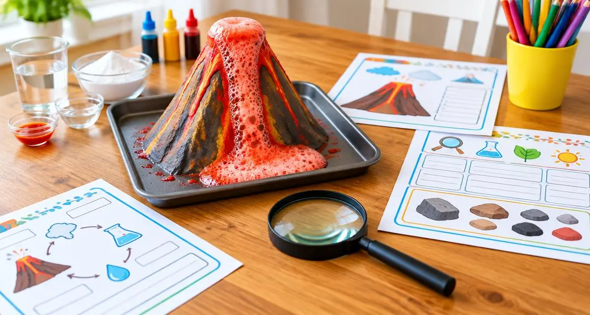 Baking soda volcano erupting on a tray beside a magnifying glass and printed science worksheets