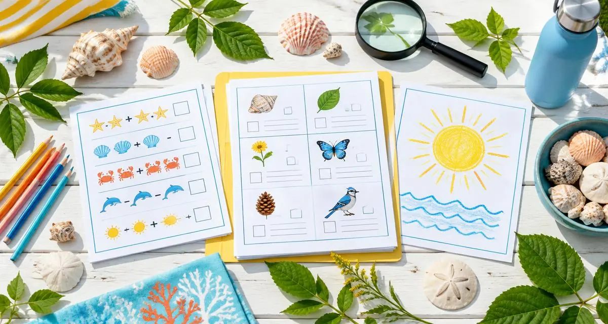Summer learning pages, seashells, leaves, pencils and a magnifying glass on a picnic table