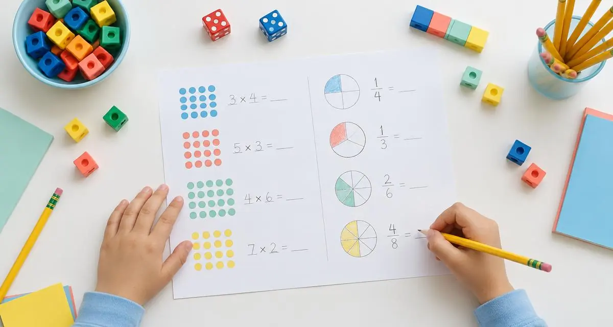 Child’s hands using multiplication arrays and fraction pictures with colorful blocks